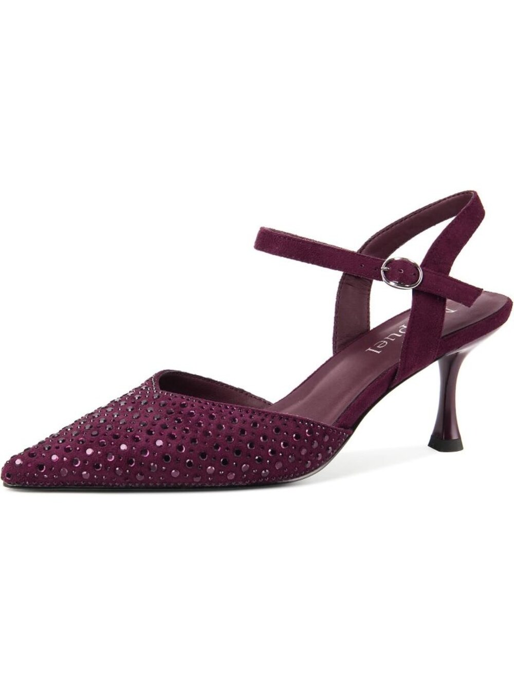 Women's Burgundy Faux Suede Rhinestone Ankle Strap Closed Toe Kitten Heels Pumps